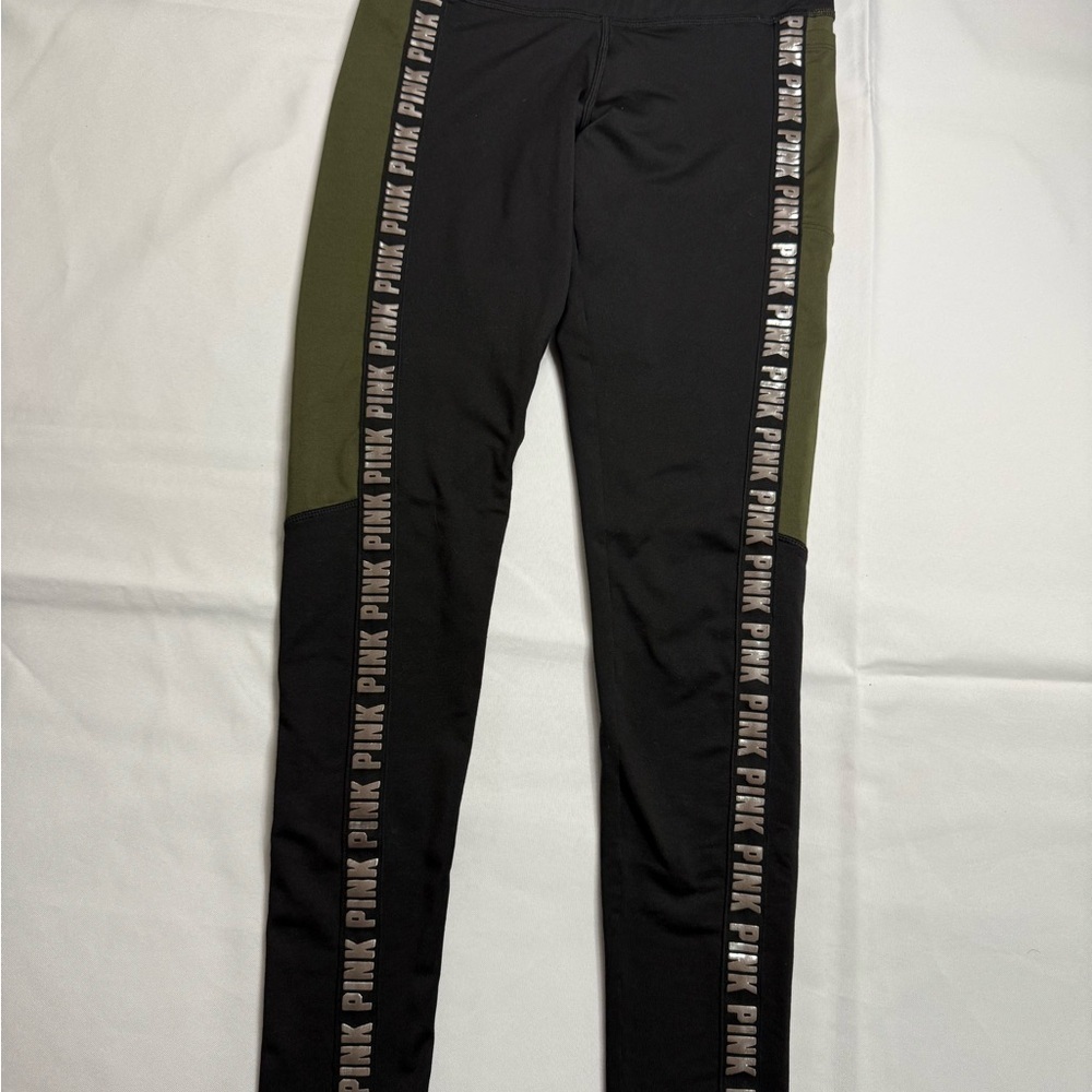 PINK Victoria's Secret Black and Green Leggings with Branded Stripe